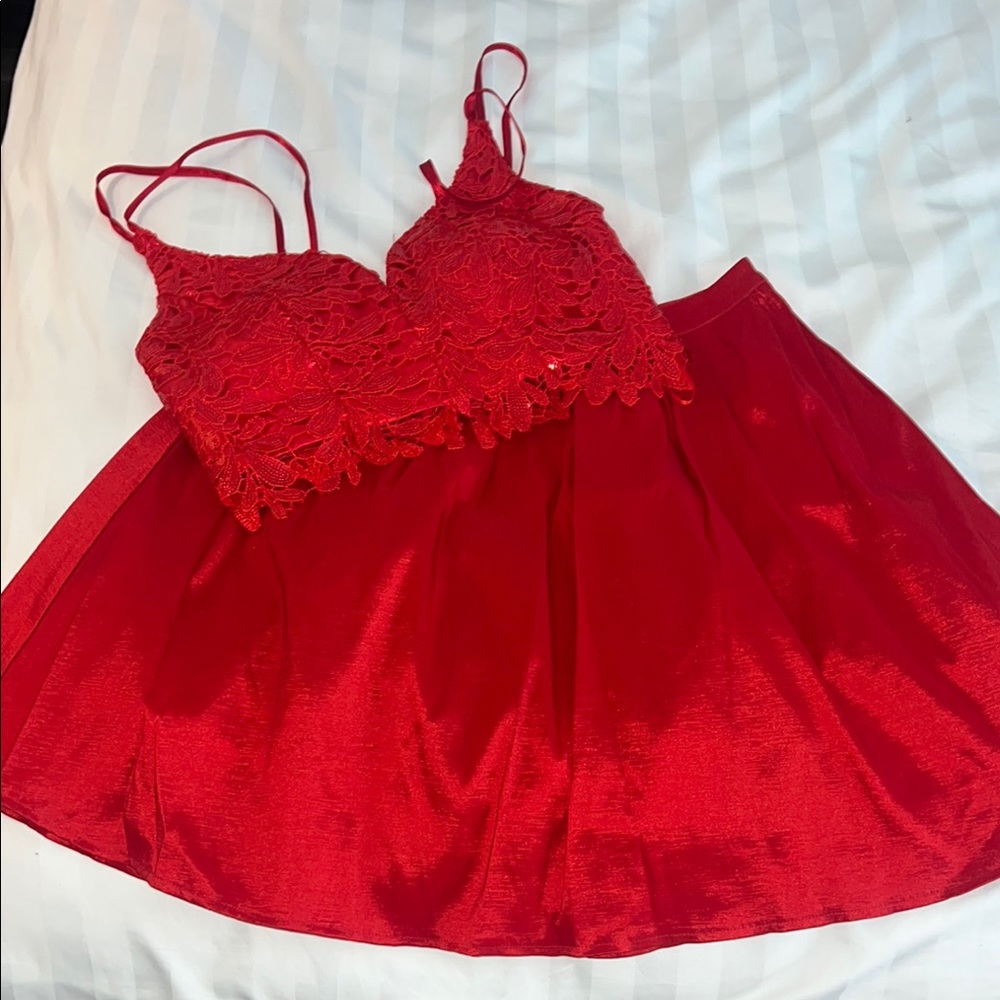Red Lace Crop Top and Skirt Set